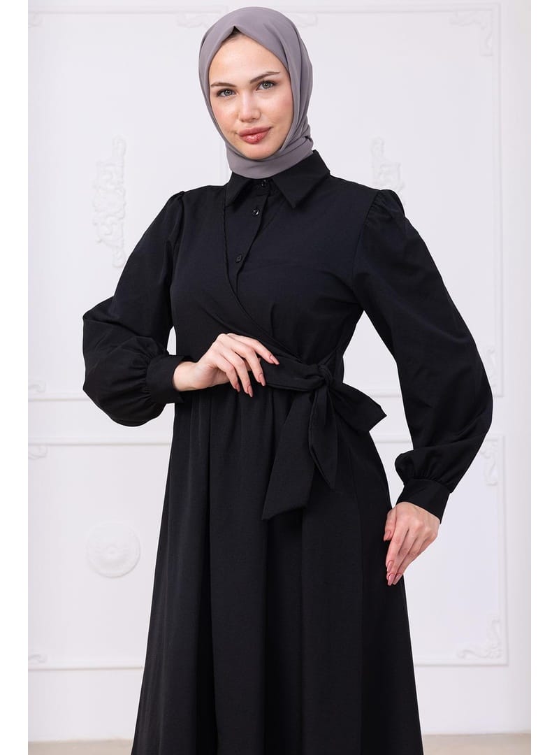 Yandan Bağlamalı Tesettür Elbise Siyah HM2753 - Resim 2