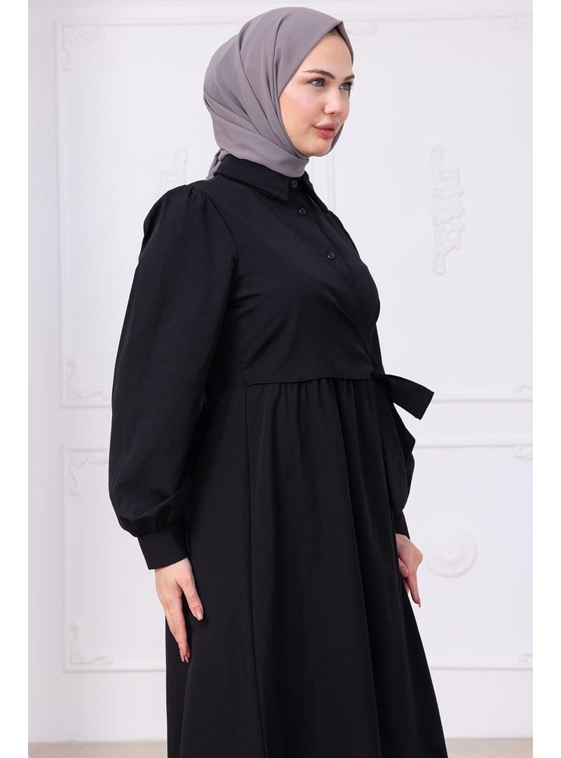 Yandan Bağlamalı Tesettür Elbise Siyah HM2753 - Resim 3