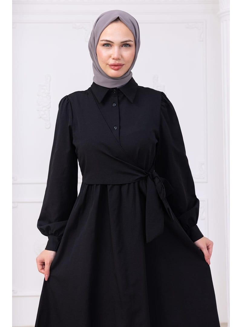 Yandan Bağlamalı Tesettür Elbise Siyah HM2753 - Resim 4