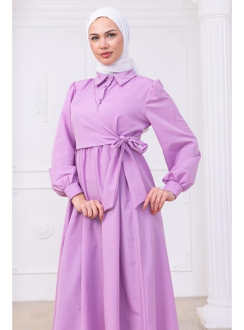 Yandan Bağlamalı Tesettür Elbise Lila HM2753 - Resim 2