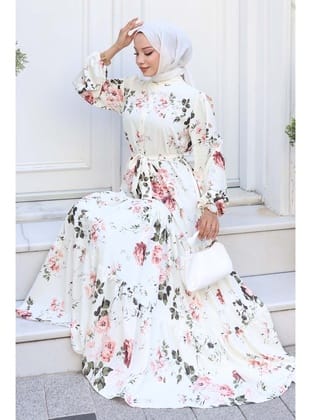 Desenli Tesettür Elbise Ekru 517