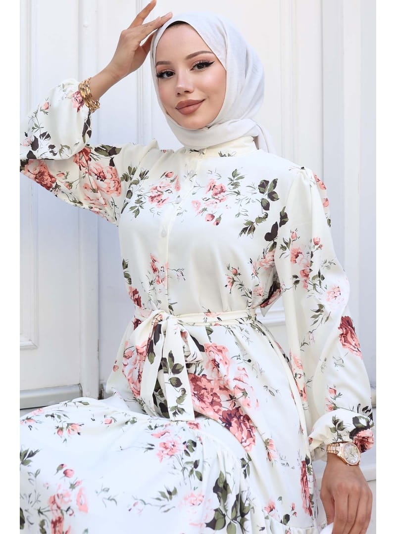 Desenli Tesettür Elbise Ekru 517 - Resim 2