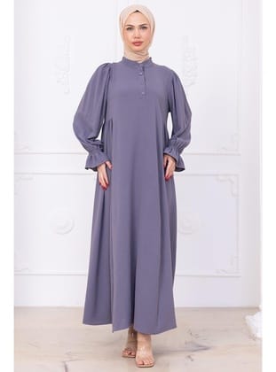 Kolları Lastikli Eva Tesettür Elbise Gri HM2758