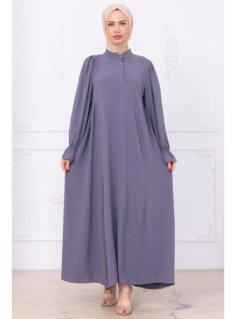 Kolları Lastikli Eva Tesettür Elbise Gri HM2758 - Resim 2