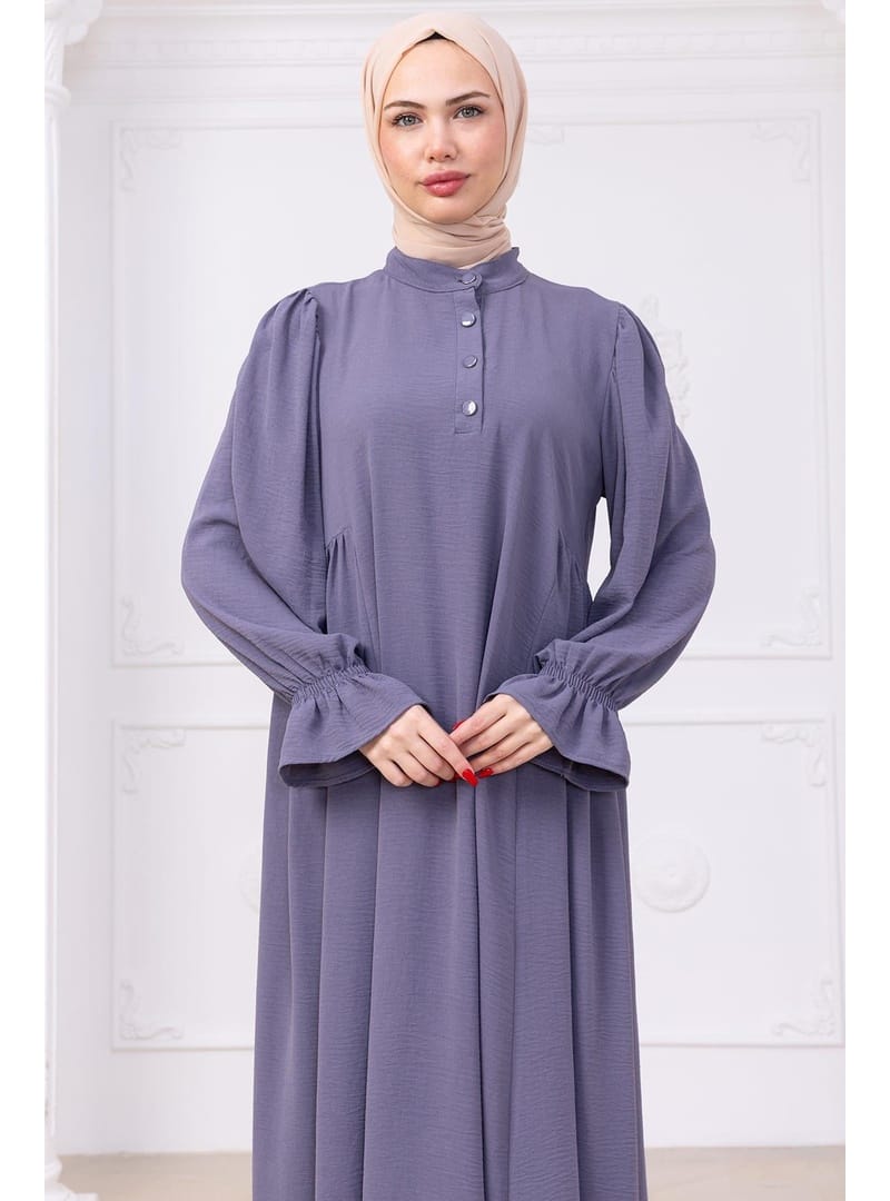 Kolları Lastikli Eva Tesettür Elbise Gri HM2758 - Resim 3