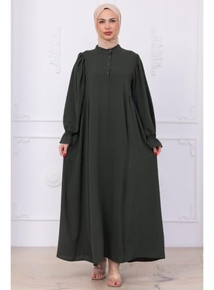 Kolları Lastikli Eva Tesettür Elbise Haki HM2758
