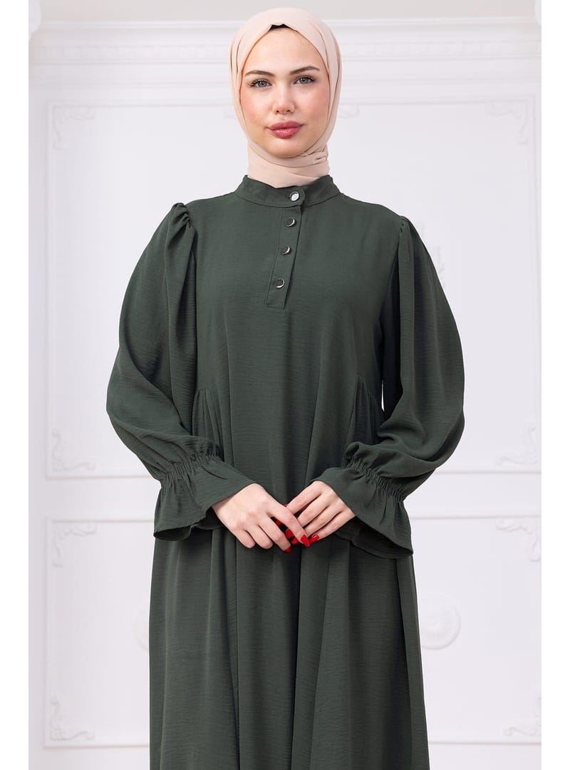 Kolları Lastikli Eva Tesettür Elbise Haki HM2758 - Resim 2
