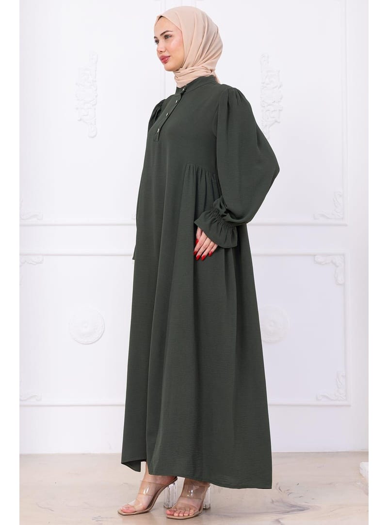 Kolları Lastikli Eva Tesettür Elbise Haki HM2758 - Resim 3