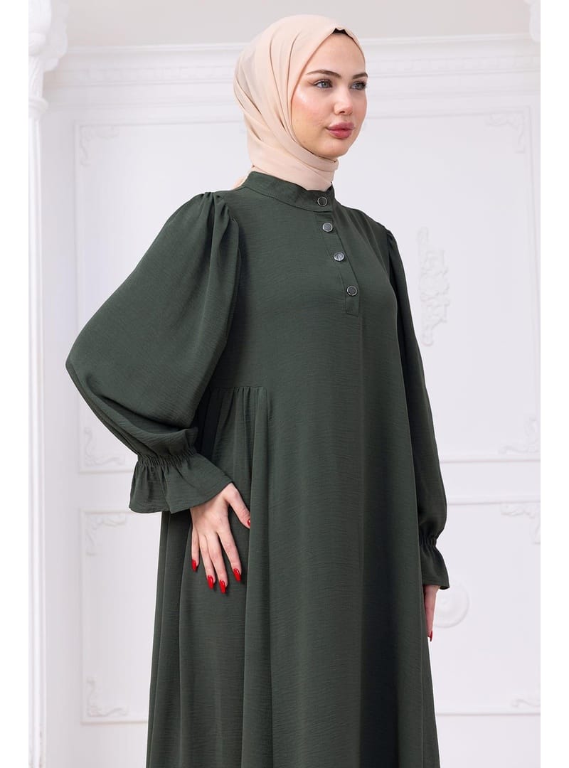 Kolları Lastikli Eva Tesettür Elbise Haki HM2758 - Resim 4