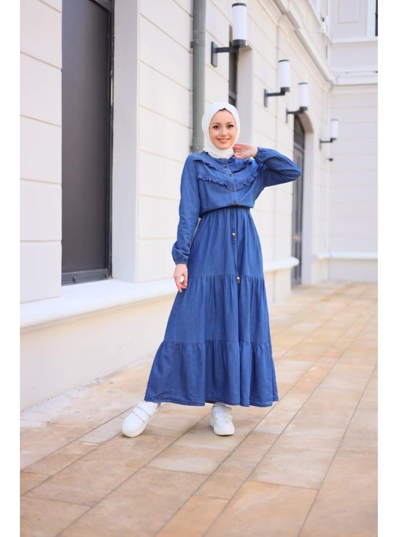 Kadın Fır Fırlı Denim Kot Elbise - Resim 2