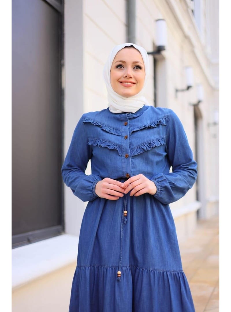 Kadın Fır Fırlı Denim Kot Elbise - Resim 4