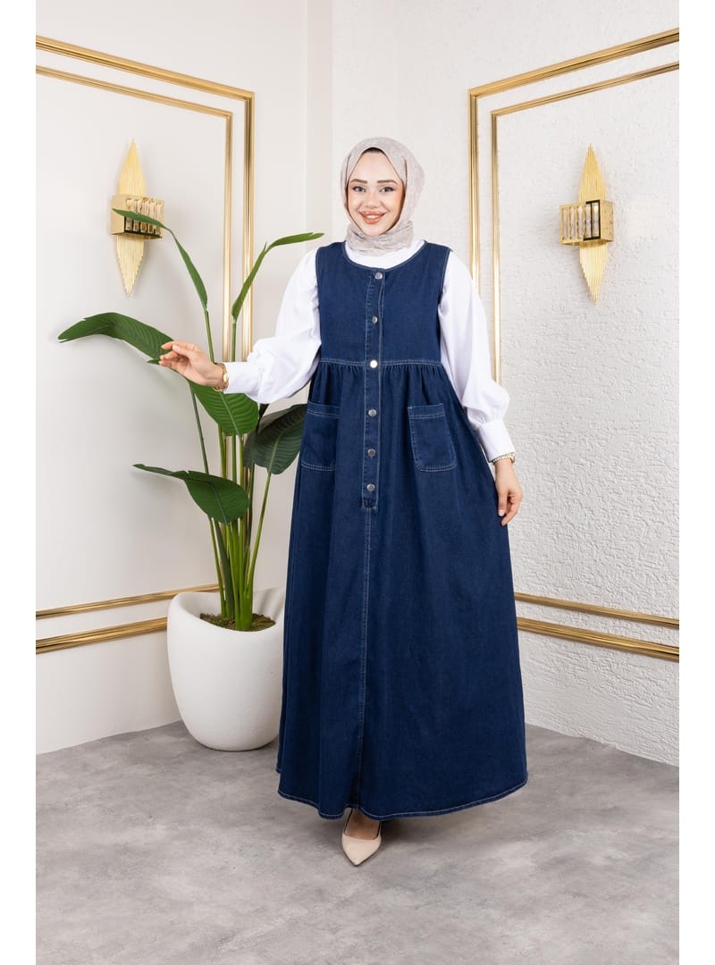 Kadın Düğmeli Bel Büzgülü Lacivert Kot Jile - Resim 3