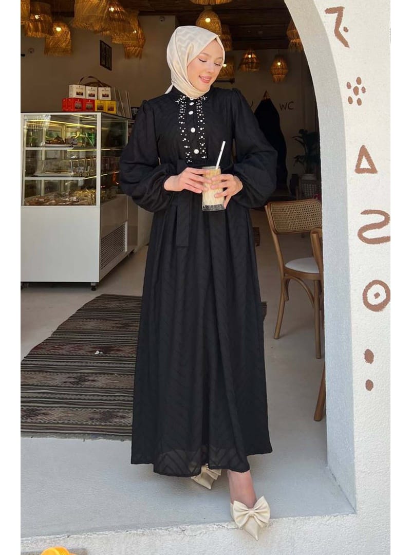 Taş Detaylı Tesettür Elbise Siyah 1412 - Resim 4