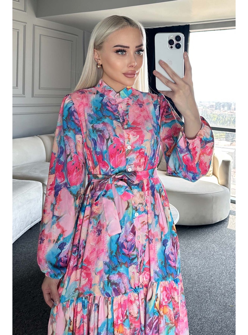 Desenli Tesettür Elbise Pembe 530-1 - Resim 2