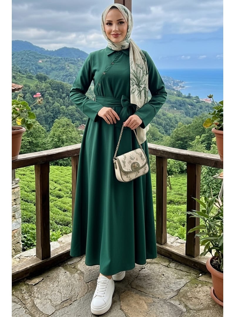 Seliz Yandan Düğmeli Elbise 1528 - Haki - Resim 3