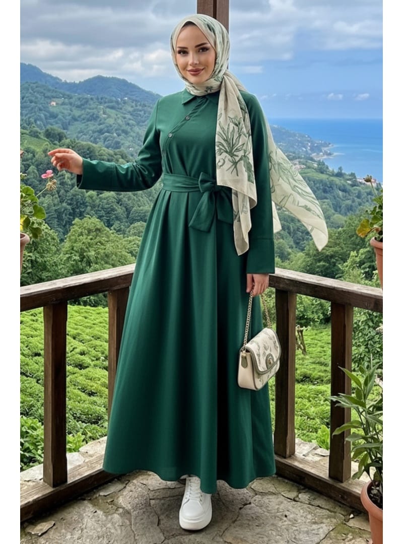 Seliz Yandan Düğmeli Elbise 1528 - Haki - Resim 4