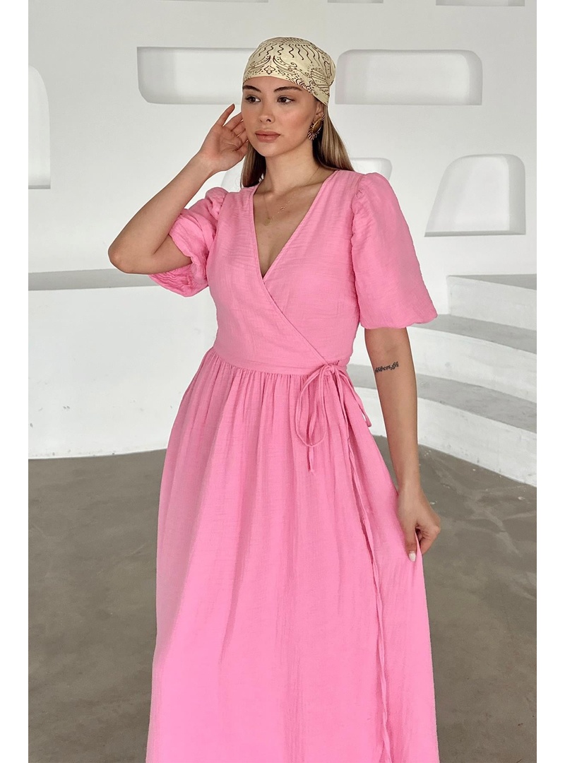 V Yaka Belden Bağlamalı Müslin Elbise PEMBE 9354-E - Resim 3