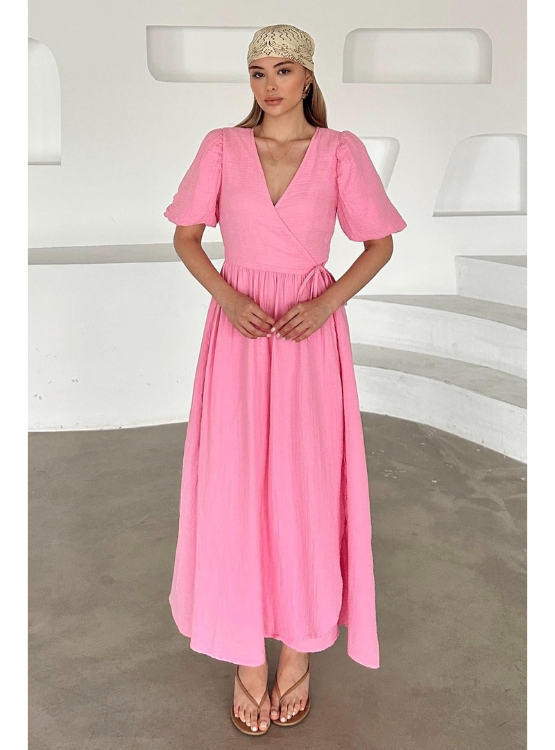 V Yaka Belden Bağlamalı Müslin Elbise PEMBE 9354-E - Resim 4