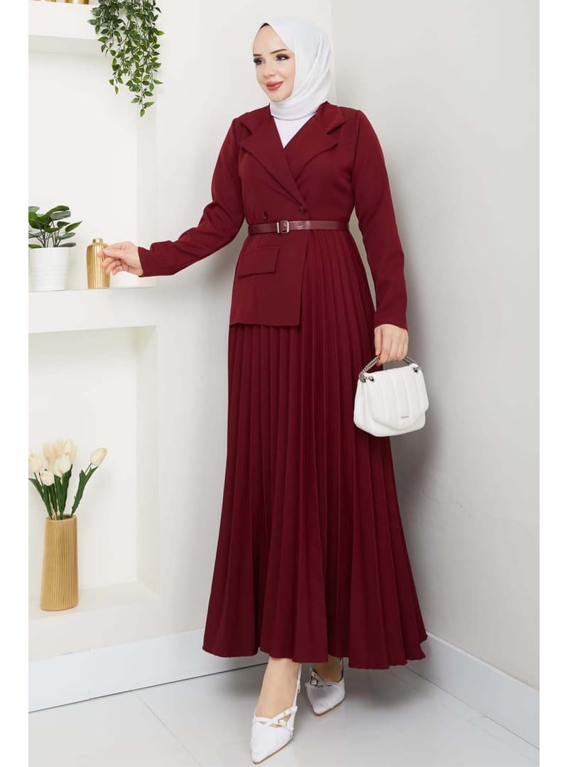 Piliseli Elbise Bordo 4747 - Resim 4