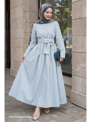 Asimetrik Düğme Detaylı Bebe Mavisi Elbise