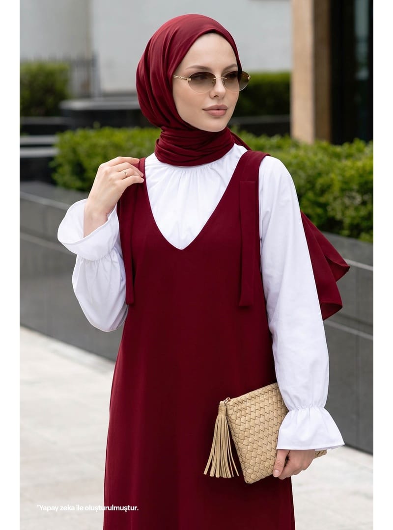 Double Krep Jile Bordo Elbise - Resim 2