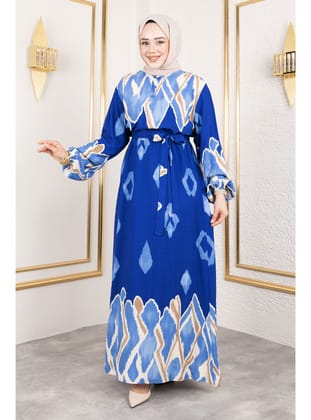 Renk Garnili Tesettür Elbise TSD250143 Mavi