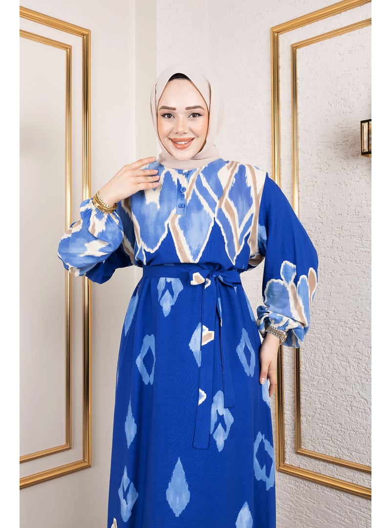 Renk Garnili Tesettür Elbise TSD250143 Mavi - Resim 2
