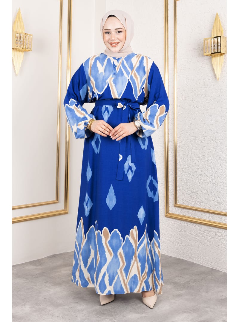 Renk Garnili Tesettür Elbise TSD250143 Mavi - Resim 3
