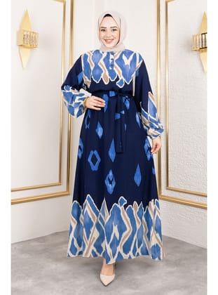 Renk Garnili Tesettür Elbise TSD250143 Lacivert