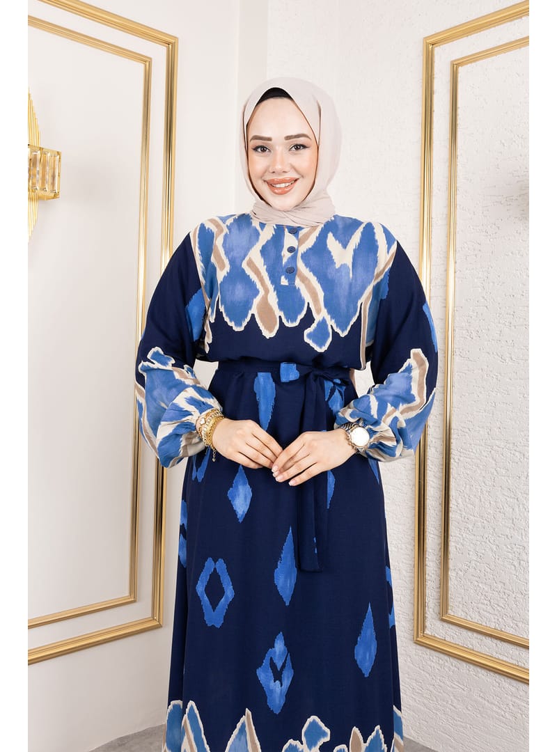 Renk Garnili Tesettür Elbise TSD250143 Lacivert - Resim 2