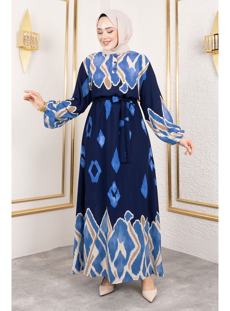 Renk Garnili Tesettür Elbise TSD250143 Lacivert - Resim 3