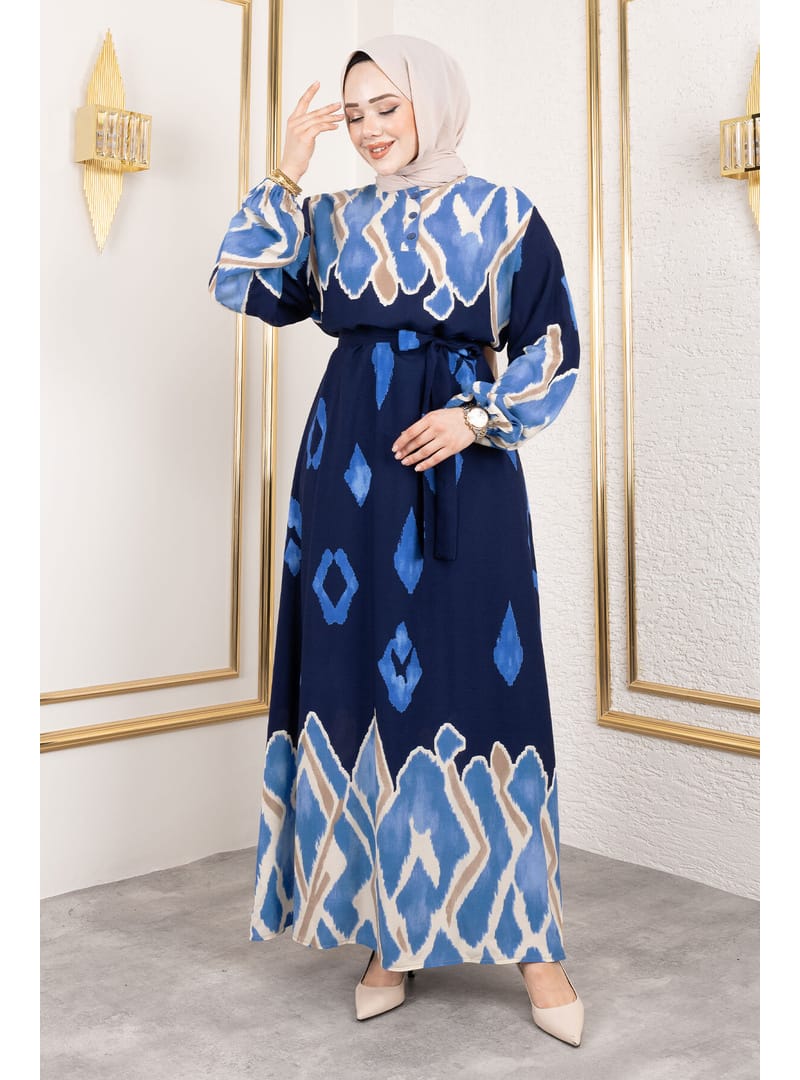 Renk Garnili Tesettür Elbise TSD250143 Lacivert - Resim 4