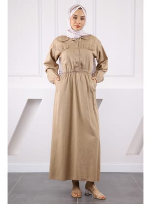 Taş Bel Lastikli Cepli Gabardin Elbise