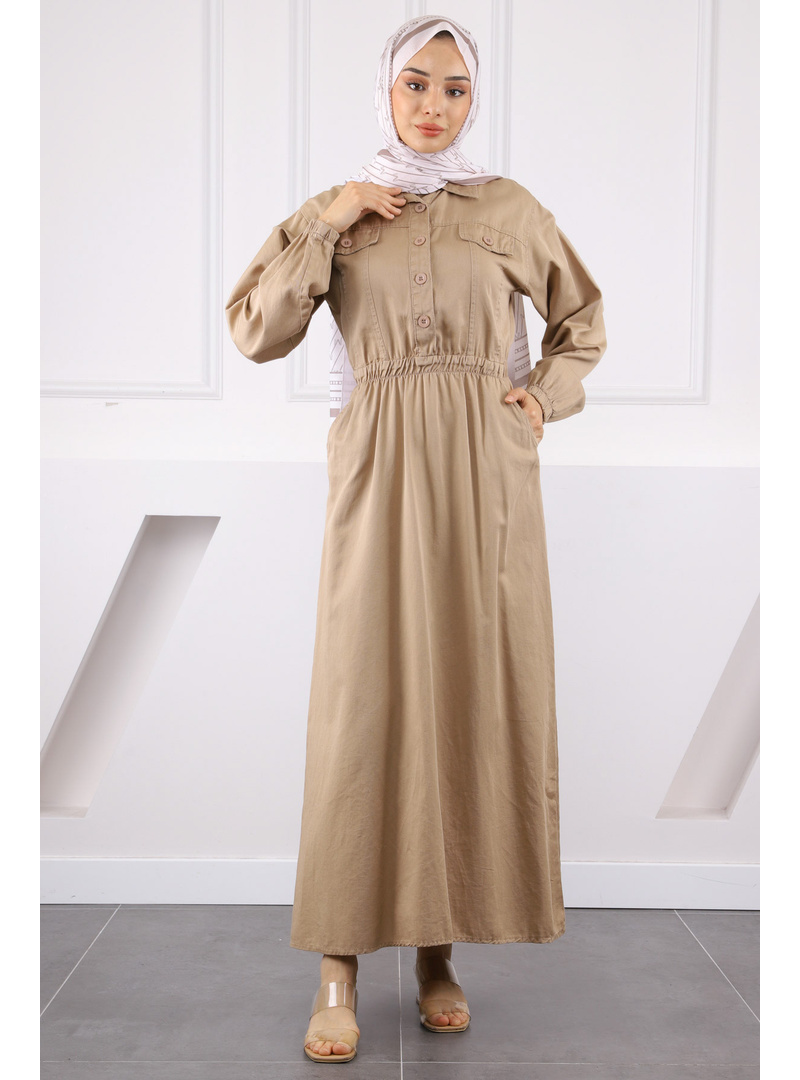 Taş Bel Lastikli Cepli Gabardin Elbise - Resim 2