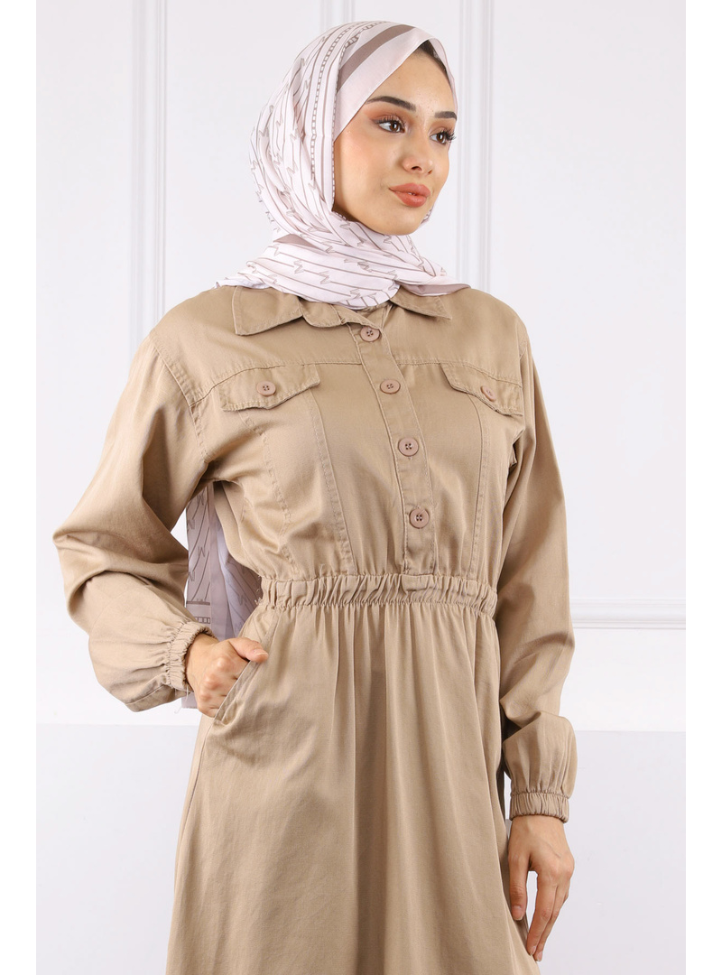 Taş Bel Lastikli Cepli Gabardin Elbise - Resim 4