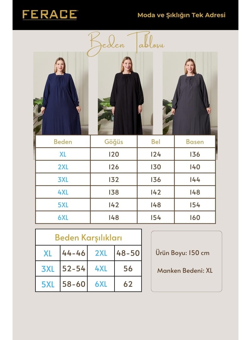 Kadın Büyük Beden Gofre Kumaş Kare Yaka Elbise Gri - Resim 2