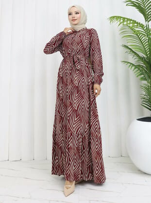 DÜĞMELİ ELBİSE - Bordo- Zenane