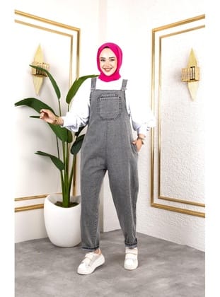 Kadın Cepli Askılı Gri Kot Tulum