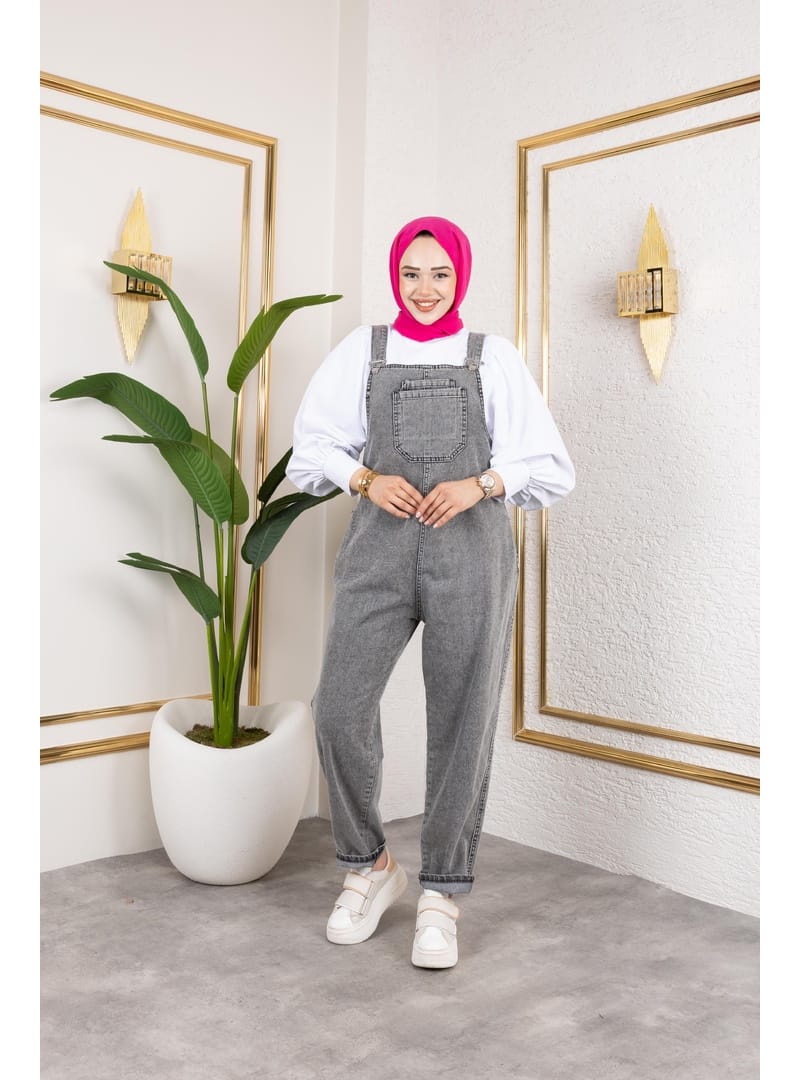 Kadın Cepli Askılı Gri Kot Tulum - Resim 2