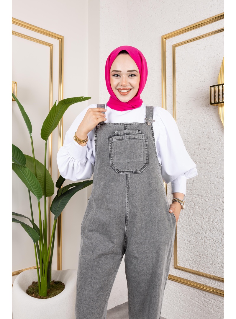 Kadın Cepli Askılı Gri Kot Tulum - Resim 4