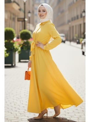 Renda Belden Bağlamalı Elbise 1467 - Sarı