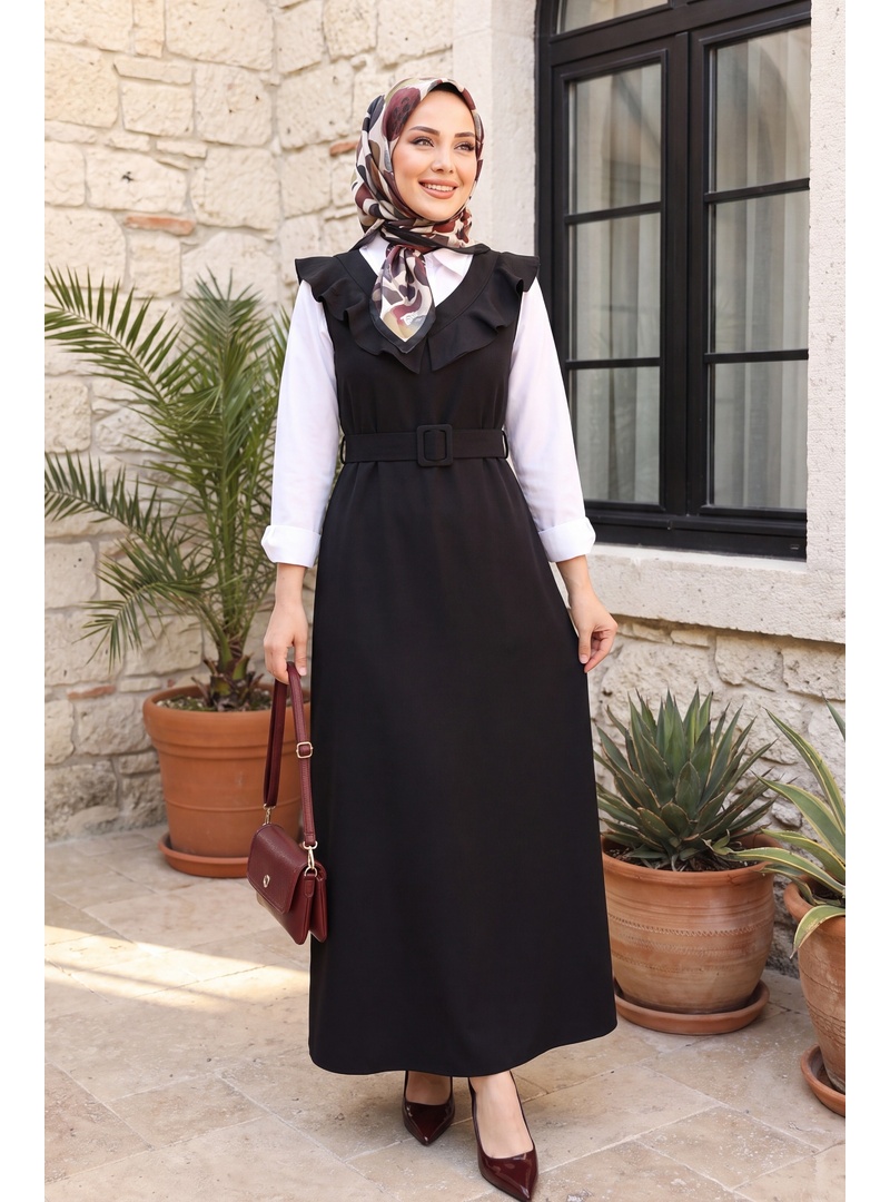 Yakası V Kemerli Uzun Jile Elbise    -Siyah - Resim 3