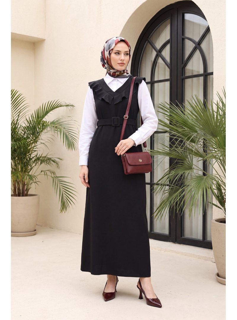 Yakası V Kemerli Uzun Jile Elbise    -Siyah - Resim 4