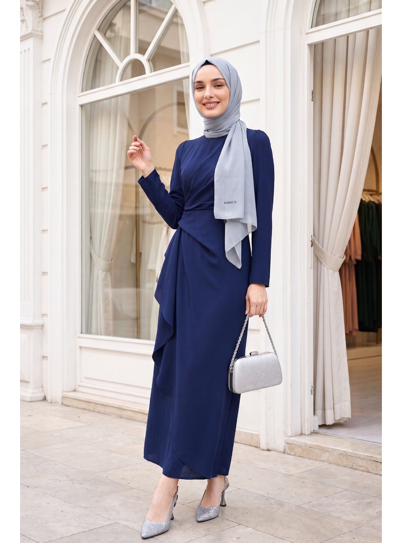 Önü Allerli Eteği Asimetrik Krep Elbise   -Laci - Resim 3