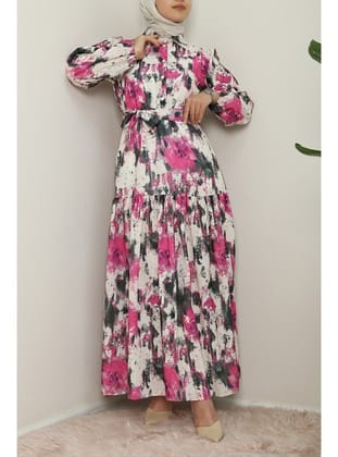 Batik Baskılı Kemerli Parçalı Keten Görünümlü Elbise -Fuşya