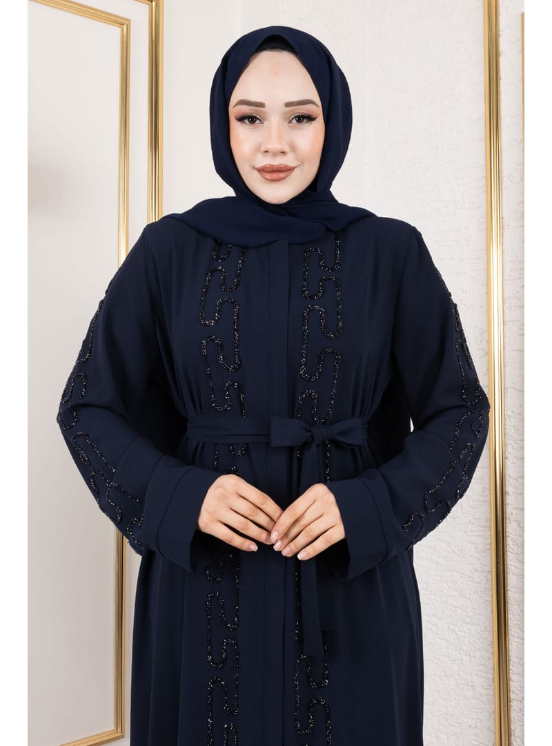 Zincir Taş Detaylı Abaya TSD250126 Lacivert - Resim 2
