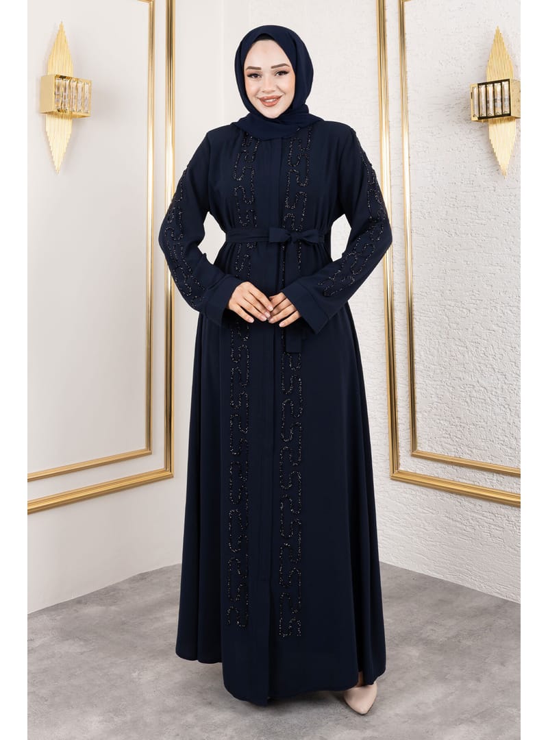 Zincir Taş Detaylı Abaya TSD250126 Lacivert - Resim 3