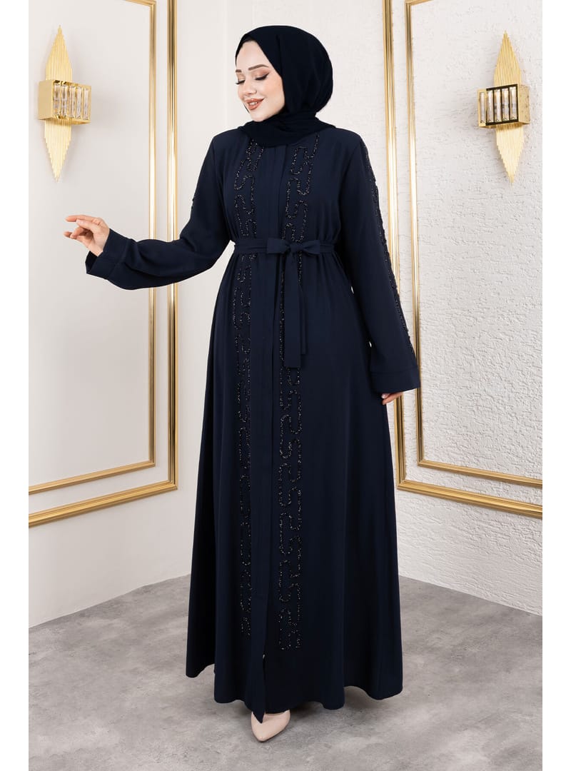 Zincir Taş Detaylı Abaya TSD250126 Lacivert - Resim 4