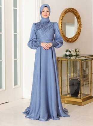 Yağmur Tesettür Abiye Elbise - Buz mavisi - Azra Design
