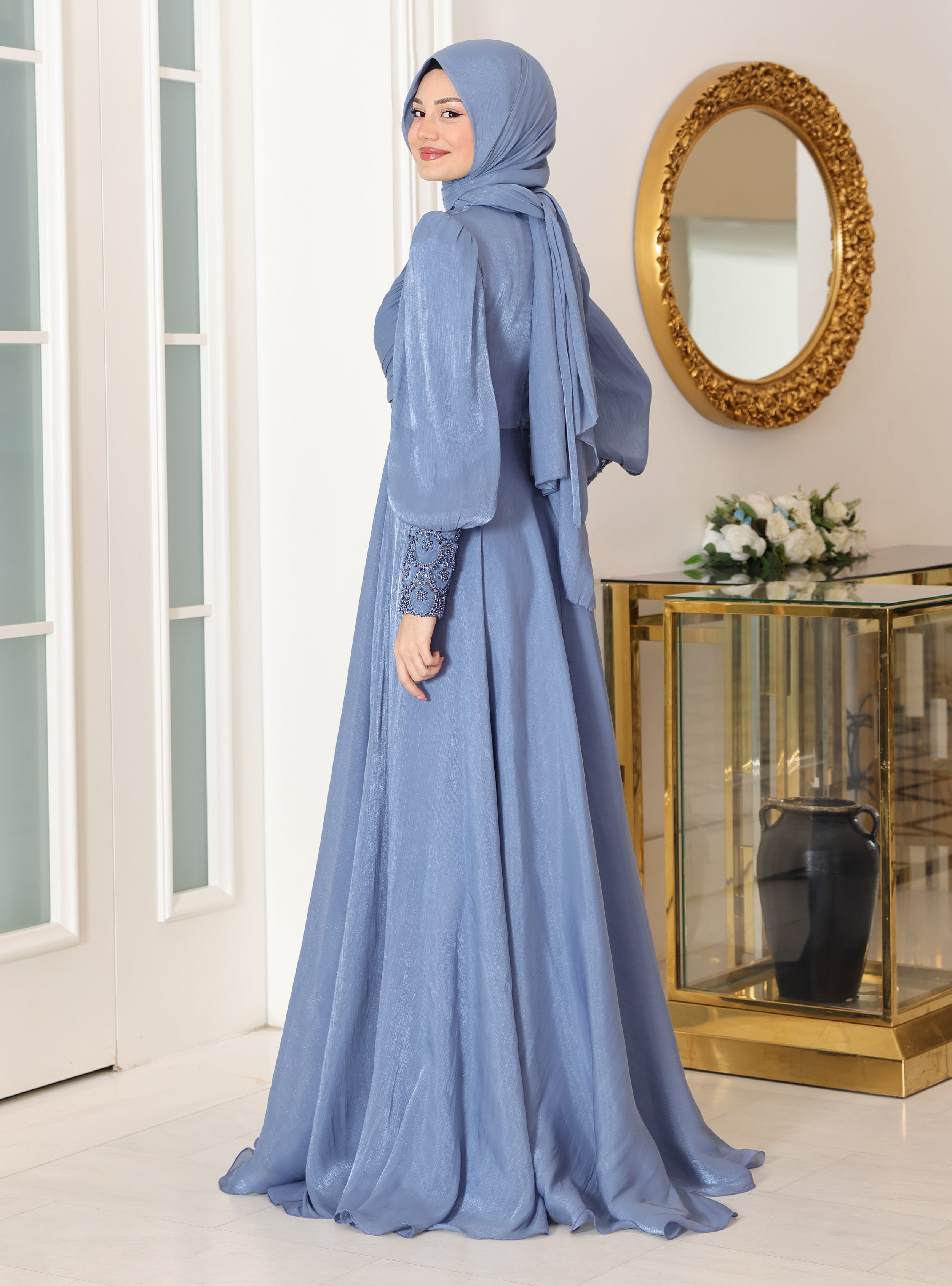 Yağmur Tesettür Abiye Elbise - Buz mavisi - Azra Design - Resim 2